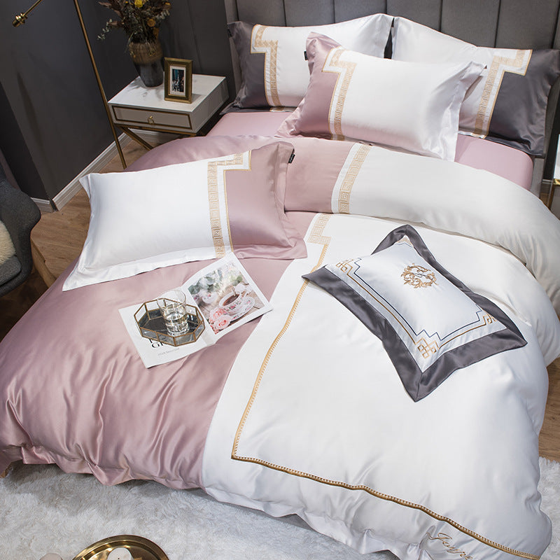 KTX-558163 Italian Light Luxury Four-Piece Cotton Bedroom Set in Dark Gray with Striped Design