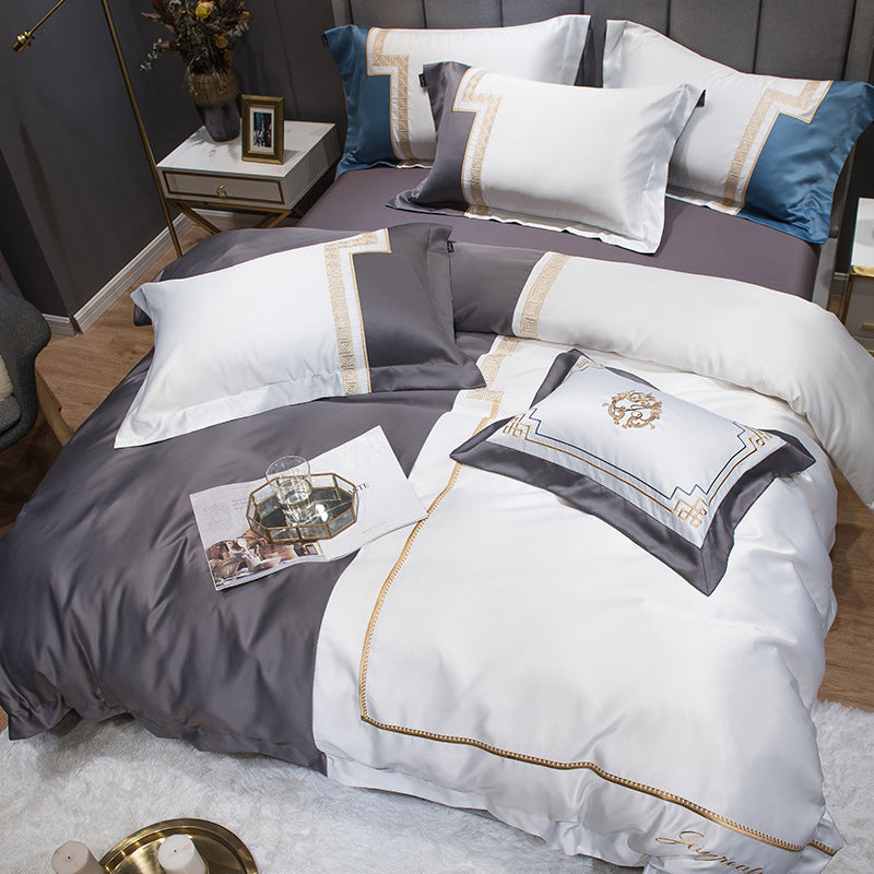 KTX-558163 Italian Light Luxury Four-Piece Cotton Bedroom Set in Dark Gray with Striped Design