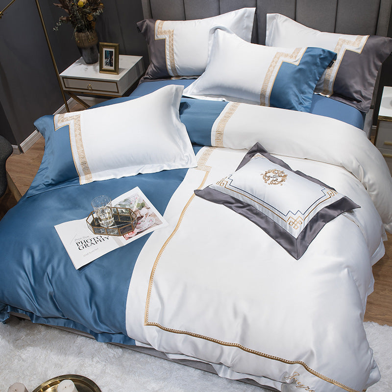 KTX-558163 Italian Light Luxury Four-Piece Cotton Bedroom Set in Dark Gray with Striped Design