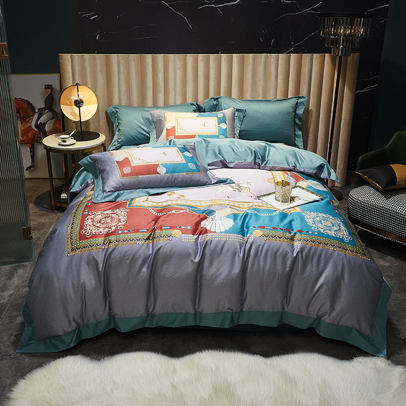 KTX-558995 Four-Piece Cotton Duvet Cover Set with Plant and Flower Patterns for Spring and Summer