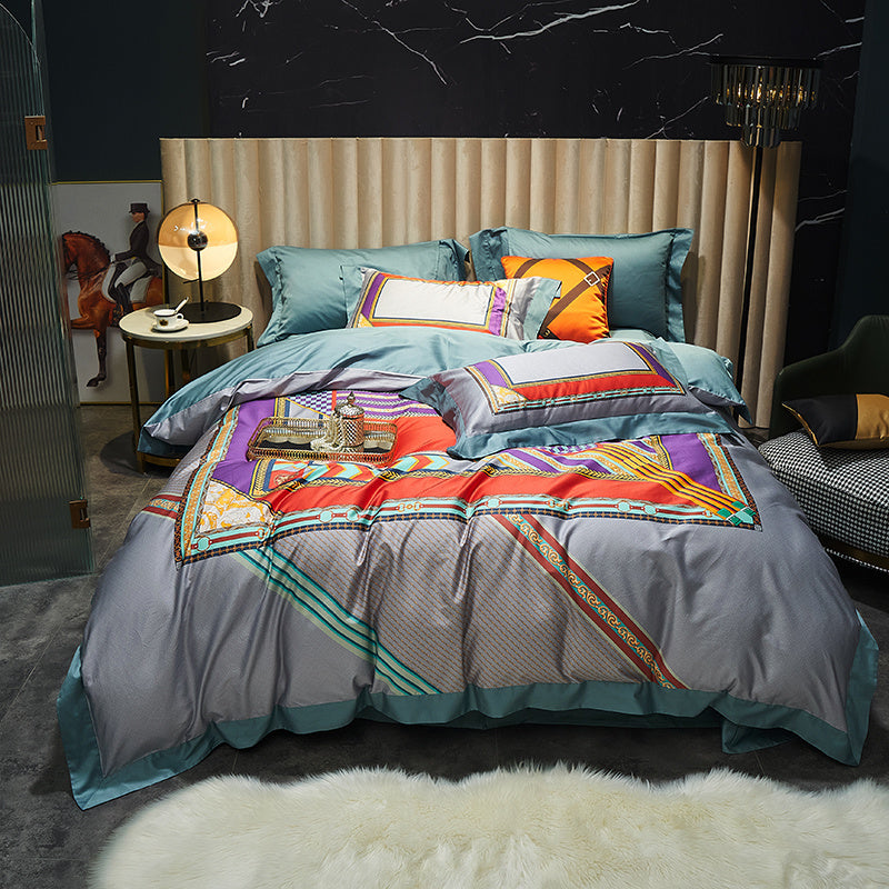 KTX-558995 Four-Piece Cotton Duvet Cover Set with Plant and Flower Patterns for Spring and Summer