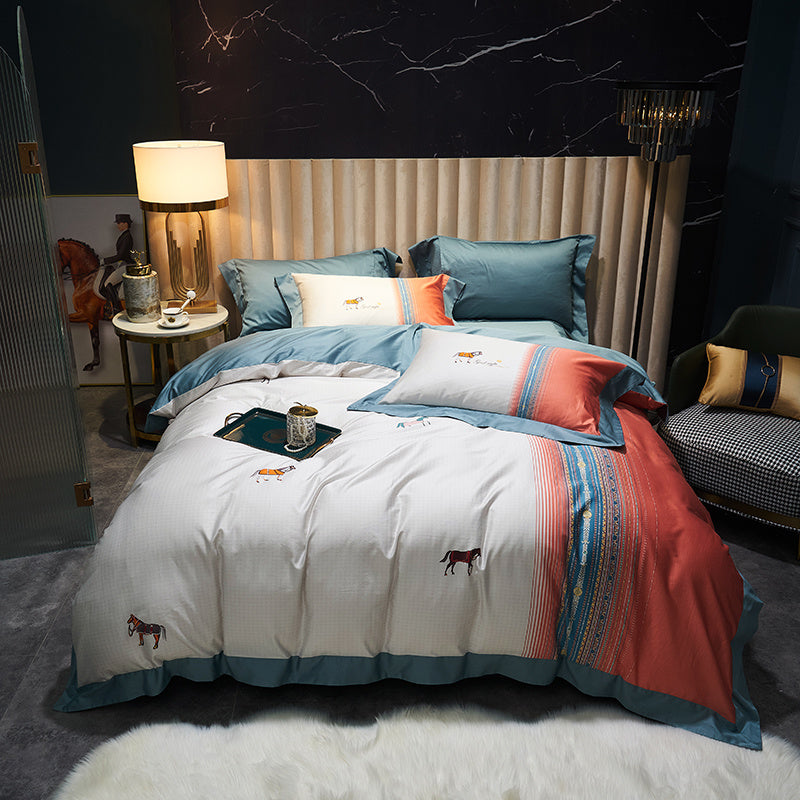 KTX-558995 Four-Piece Cotton Duvet Cover Set with Plant and Flower Patterns for Spring and Summer