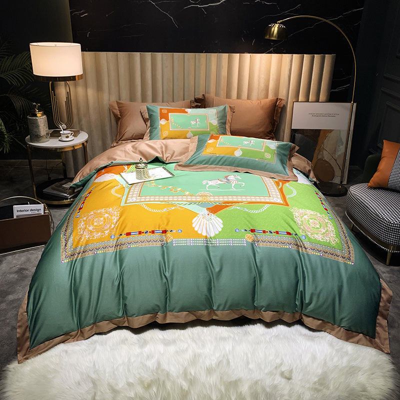 KTX-558995 Four-Piece Cotton Duvet Cover Set with Plant and Flower Patterns for Spring and Summer