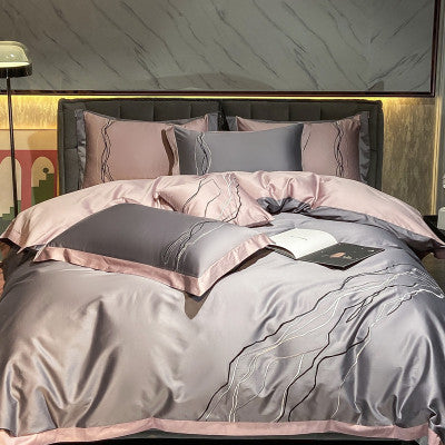 KTX-559315 Four-Piece Set of 100% Long-Staple Cotton Bedding for 1.5m and 1.8m Beds, Embroidered Design