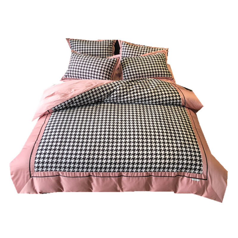 KTX-562451 Simple Cotton Velvet Brushed Four-Piece Bedding Set in Shu-Pink Houndstooth