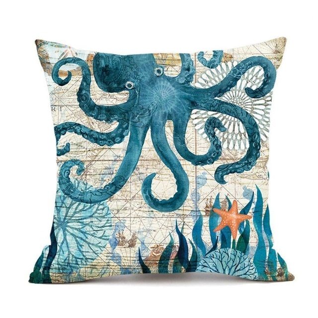 KTX-563283 Linen Chair Cushion with Marine Animal Design and Flax Filling, Perfect for Any Room