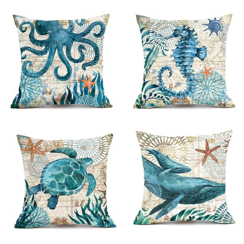KTX-563283 Linen Chair Cushion with Marine Animal Design and Flax Filling, Perfect for Any Room