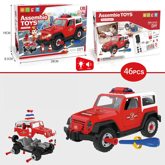 KTX-563859 Puzzle Assembly Fire Truck Toy with Lights and Sounds for Kids, Educational DIY Building Block Set