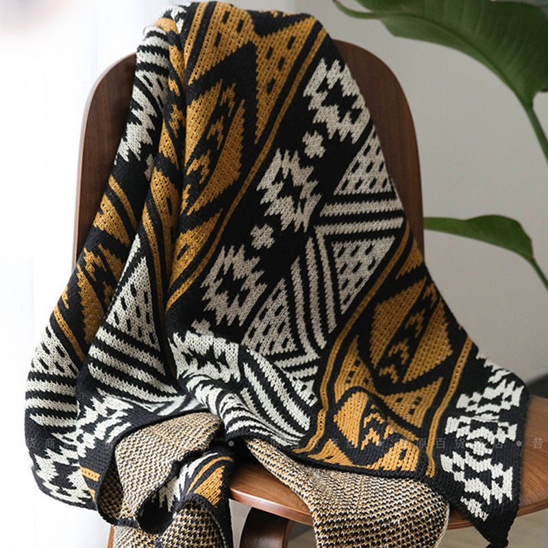 KTX-567059 Geometric Flower Pattern Acrylic Knitted Wool Tapestry Blanket