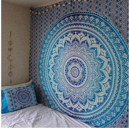 KTX-567763 Indian Mandala Tapestry in Green and Blue Floral Design - 210x150cm Wall Art, Bedspread, Yoga Blanket, Table Cloth