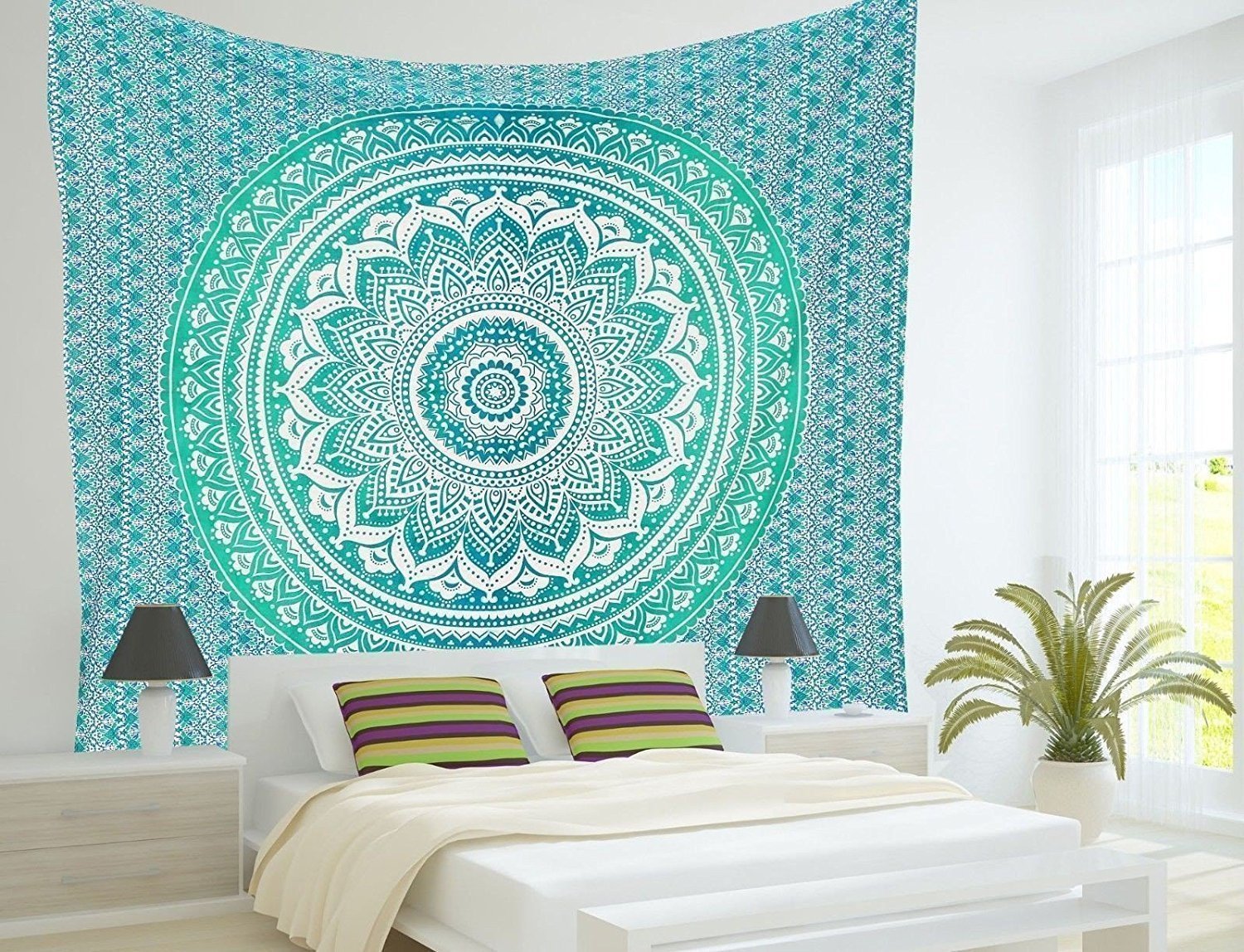 KTX-567763 Indian Mandala Tapestry in Green and Blue Floral Design - 210x150cm Wall Art, Bedspread, Yoga Blanket, Table Cloth