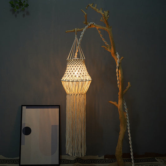 KTX-569043 Beige Bohemian Hand-Woven Lampshade with Tassel Decoration for Bedroom Lighting