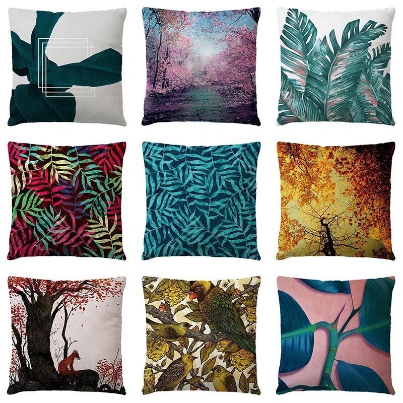 KTX-569043 Linen Pillow Cover with Cartoon Flower Tree Pattern - 45x45cm