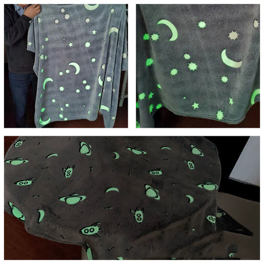 KTX-569363 Luminous Starry Sky Flannel Blanket for Children - Super Soft Coral Fleece, Glow-in-the-Dark Design