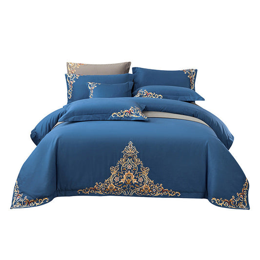 KTX-570195 Blue Cotton Matte Embroidered 4-Piece Bedding Set