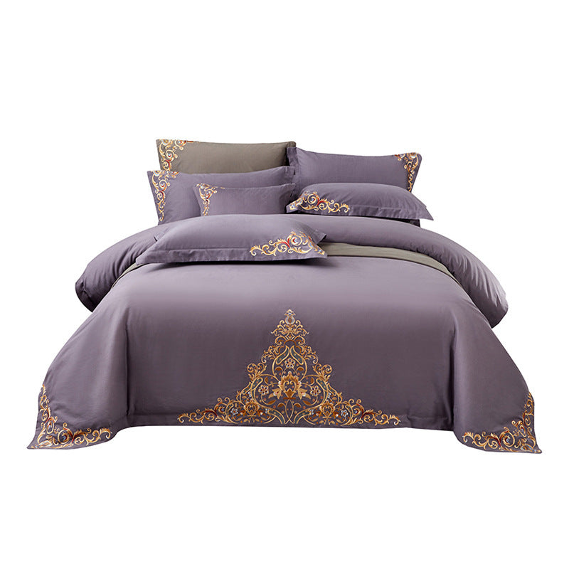 KTX-570195 Blue Cotton Matte Embroidered 4-Piece Bedding Set