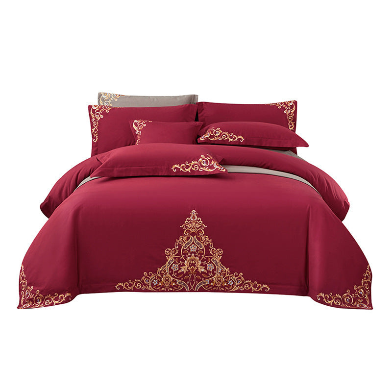 KTX-570195 Blue Cotton Matte Embroidered 4-Piece Bedding Set