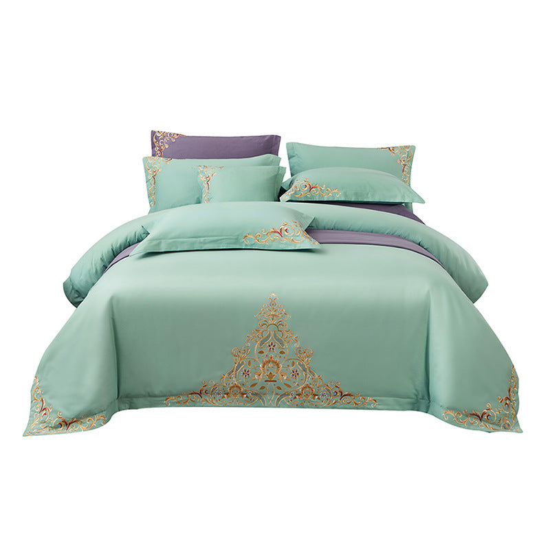 KTX-570195 Blue Cotton Matte Embroidered 4-Piece Bedding Set