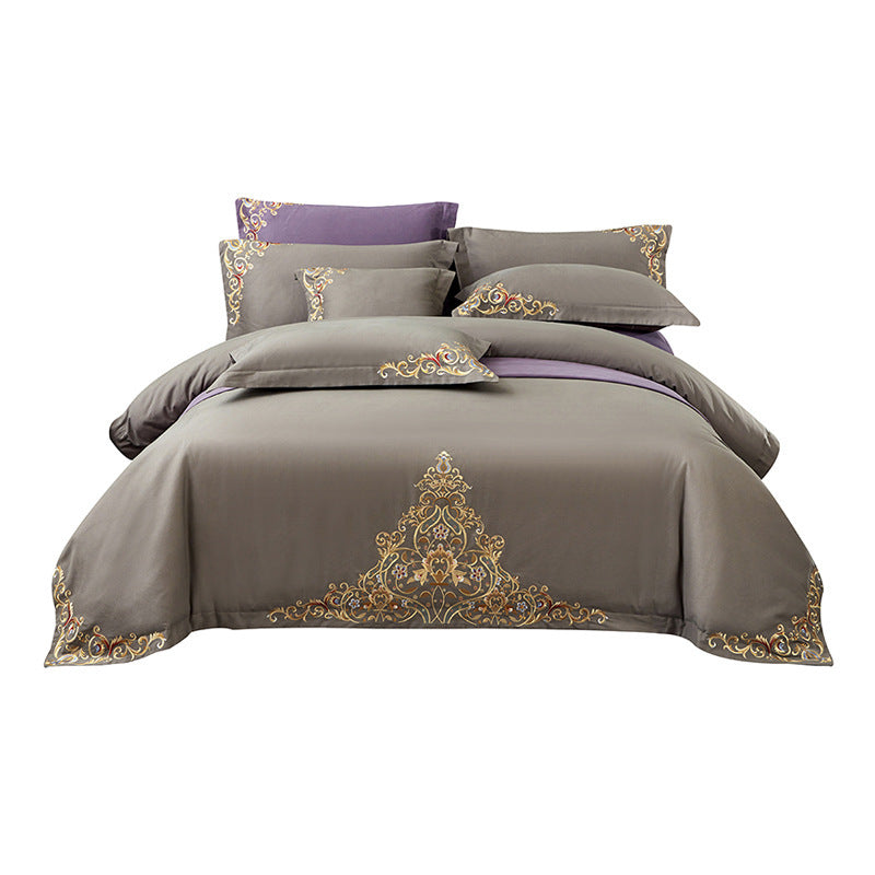 KTX-570195 Blue Cotton Matte Embroidered 4-Piece Bedding Set