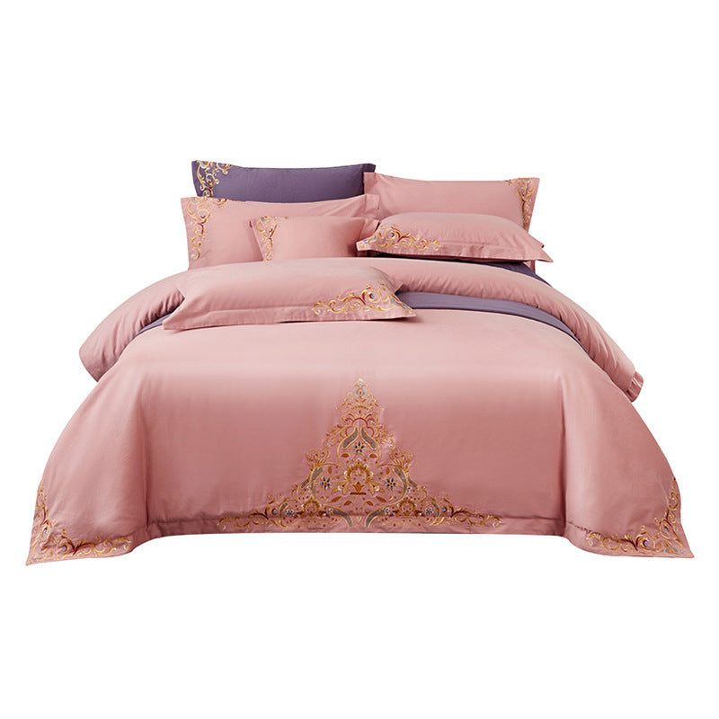 KTX-570195 Blue Cotton Matte Embroidered 4-Piece Bedding Set