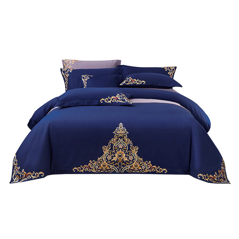 KTX-570195 Blue Cotton Matte Embroidered 4-Piece Bedding Set