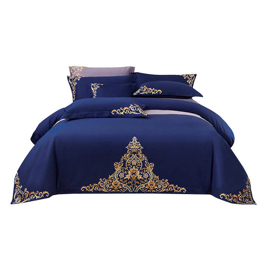 KTX-570195 Blue Cotton Matte Embroidered 4-Piece Bedding Set