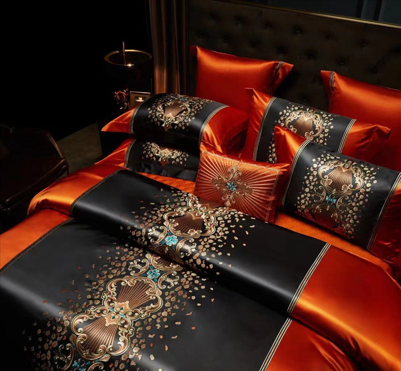 KTX-574291 Silk Cotton Embroidery Four-Piece Bedding Set with Duvet Cover and Pillowcases