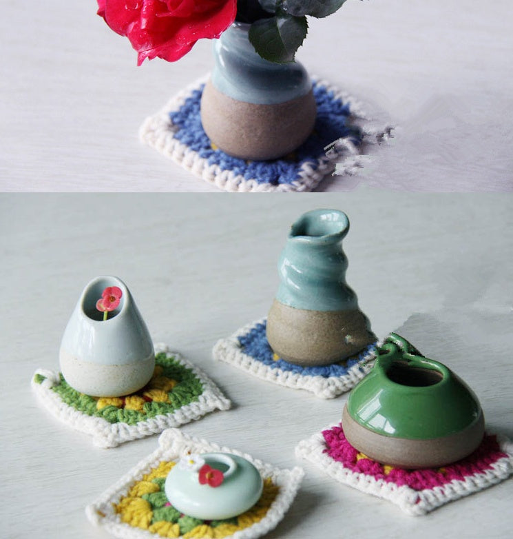 KTX-578195 Handmade Nordic Style Square Coaster Set with Teapot Cushion - 7 Piece Pastoral Design in Imitation Cashmere Thread