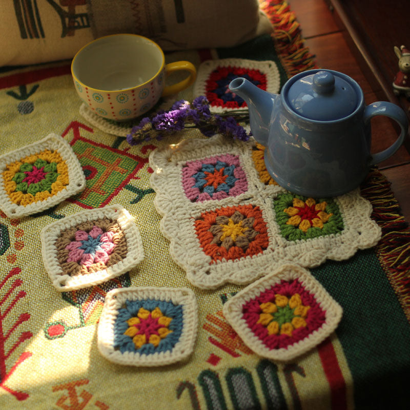 KTX-578195 Handmade Nordic Style Square Coaster Set with Teapot Cushion - 7 Piece Pastoral Design in Imitation Cashmere Thread