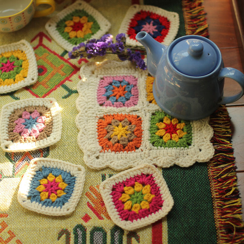 KTX-578195 Handmade Nordic Style Square Coaster Set with Teapot Cushion - 7 Piece Pastoral Design in Imitation Cashmere Thread