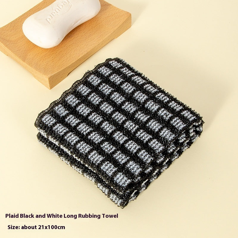 KTX-578835 Men's and Women's Long Bath Towel with Easy Foaming Bath & Back Rub - Available in Pink Stripes, Blue Stripes, and Black Plaid