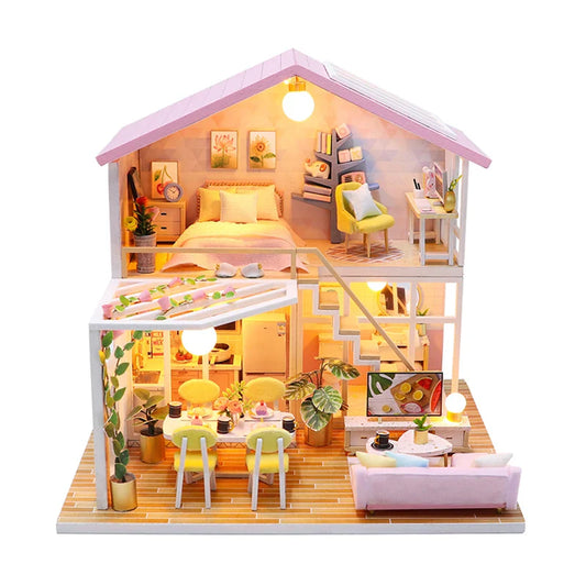 KTX-579667 3D DIY Wooden Miniature Dollhouse with LED Light for Kids Aged 5 to 7