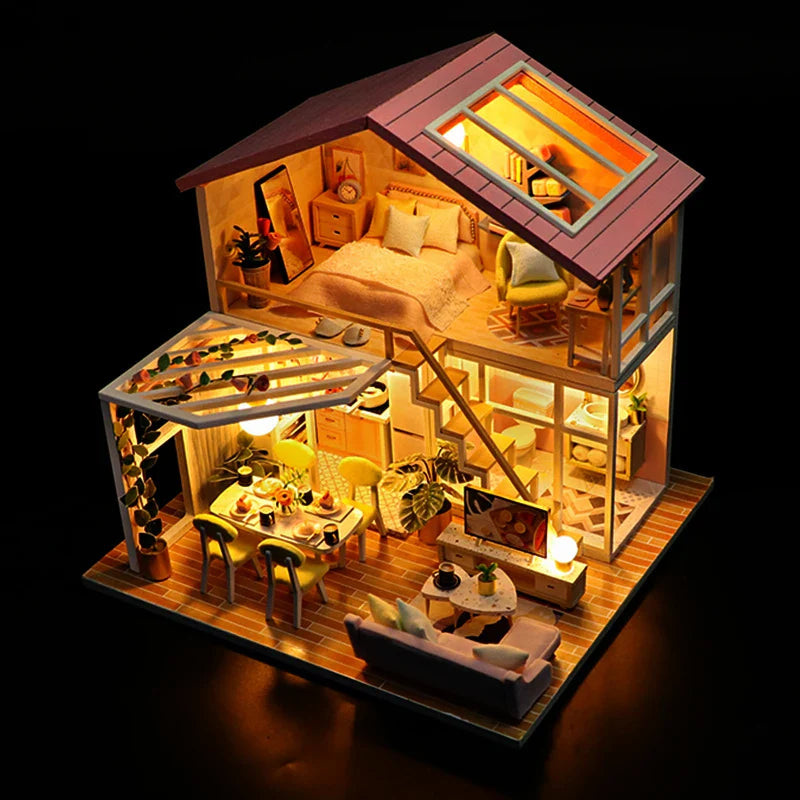 KTX-579667 3D DIY Wooden Miniature Dollhouse with LED Light for Kids Aged 5 to 7