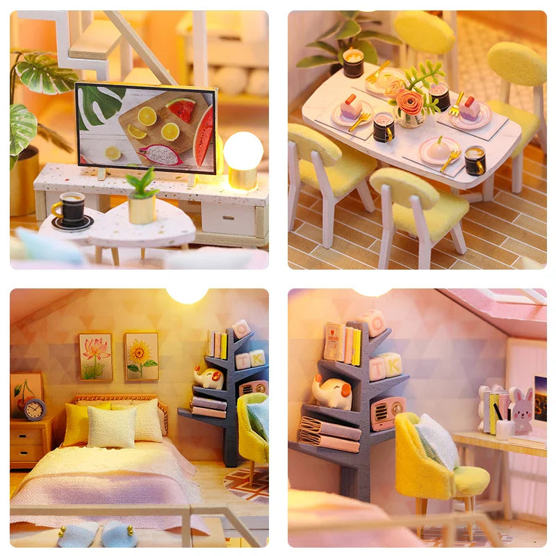 KTX-579667 3D DIY Wooden Miniature Dollhouse with LED Light for Kids Aged 5 to 7