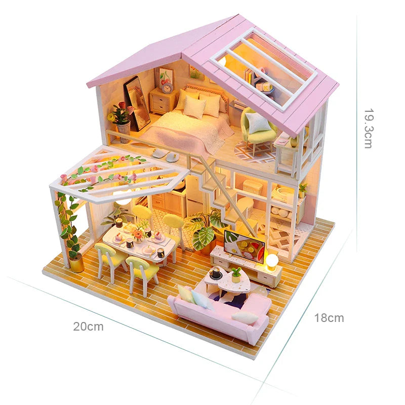KTX-579667 3D DIY Wooden Miniature Dollhouse with LED Light for Kids Aged 5 to 7