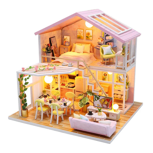 KTX-579667 3D DIY Wooden Miniature Dollhouse with LED Light for Kids Aged 5 to 7