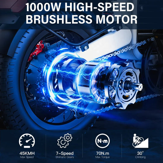 KTX-580115 Electric Fat Tire Bike with Full Suspension, 1000W Motor, 48V Lithium Battery, 150km Range, 20" Wheels, Hydraulic Disc Brakes