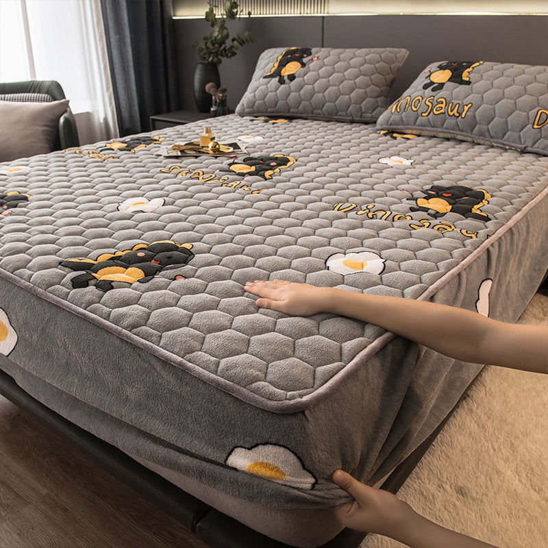 KTX-580371 Thickened Coral Pile Cotton Bed Cover with Pillowcases - Light Grey - Multiple Sizes Available