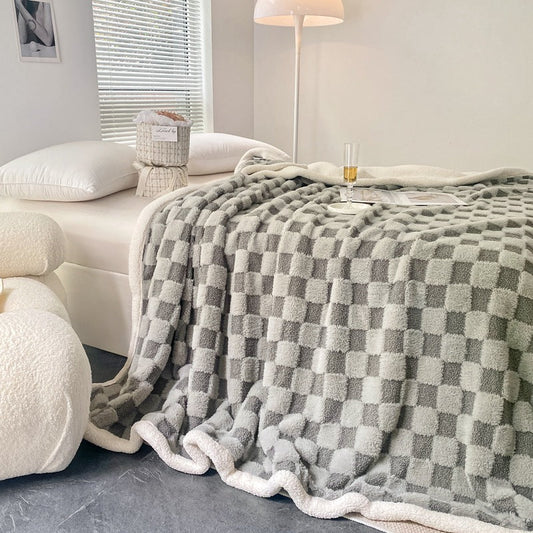 KTX-580563 Checkerboard Lamb Plush Blanket Quilt Set for All Seasons - Multiple Color Options and Sizes Available