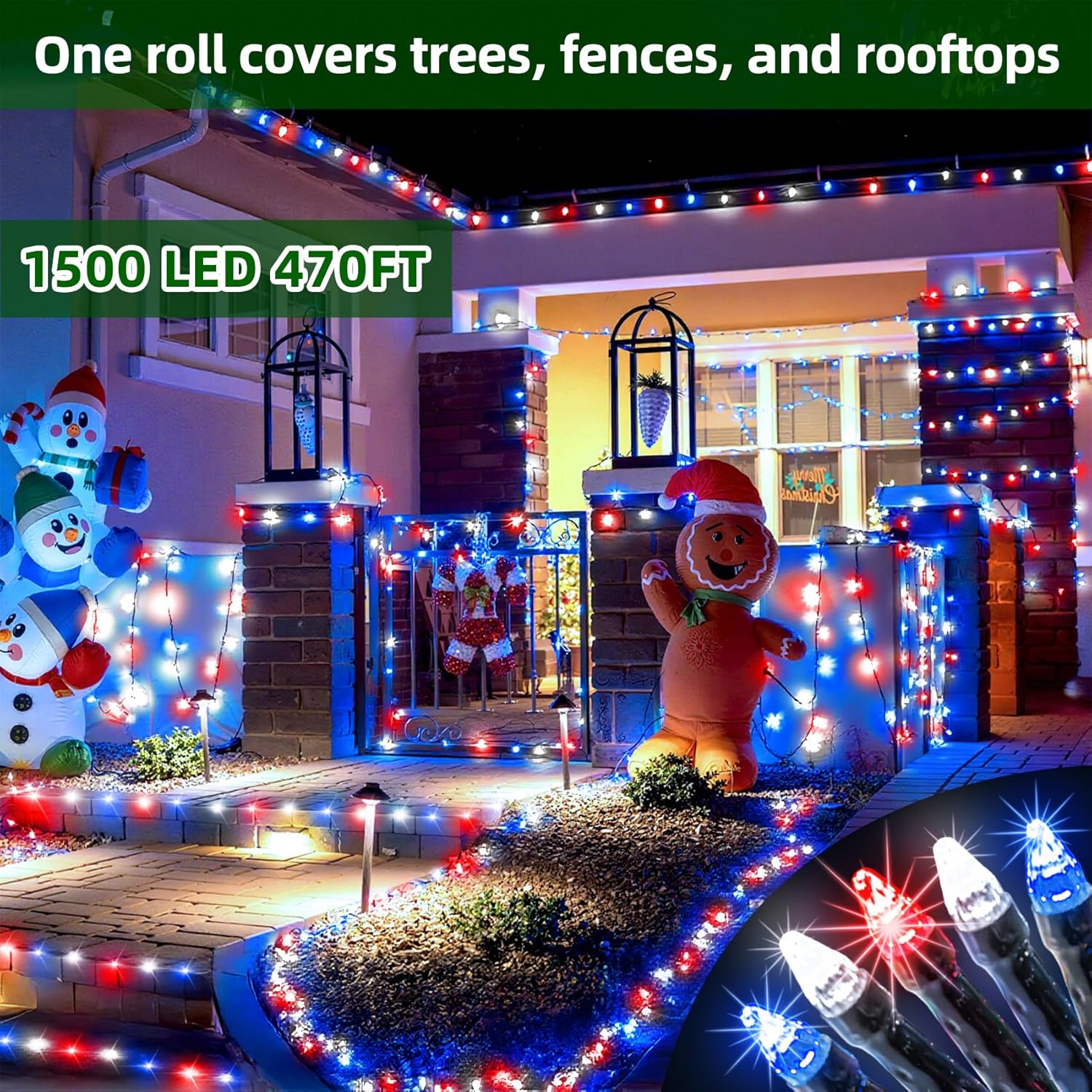 KTX-580755 470FT 1500 LED Outdoor String Lights with 12 Modes, Timer & Dimmable Function, Waterproof Red, Blue & White Lighting for Trees, Garages & Parties