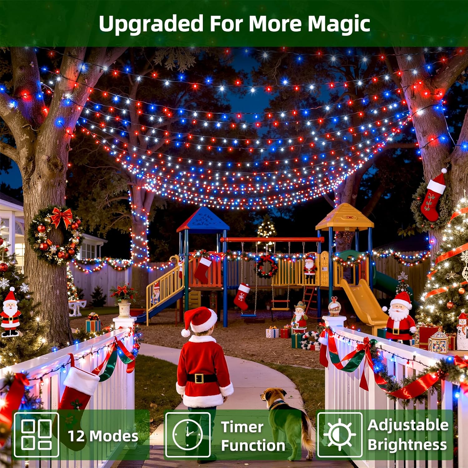 KTX-580755 470FT 1500 LED Outdoor String Lights with 12 Modes, Timer & Dimmable Function, Waterproof Red, Blue & White Lighting for Trees, Garages & Parties