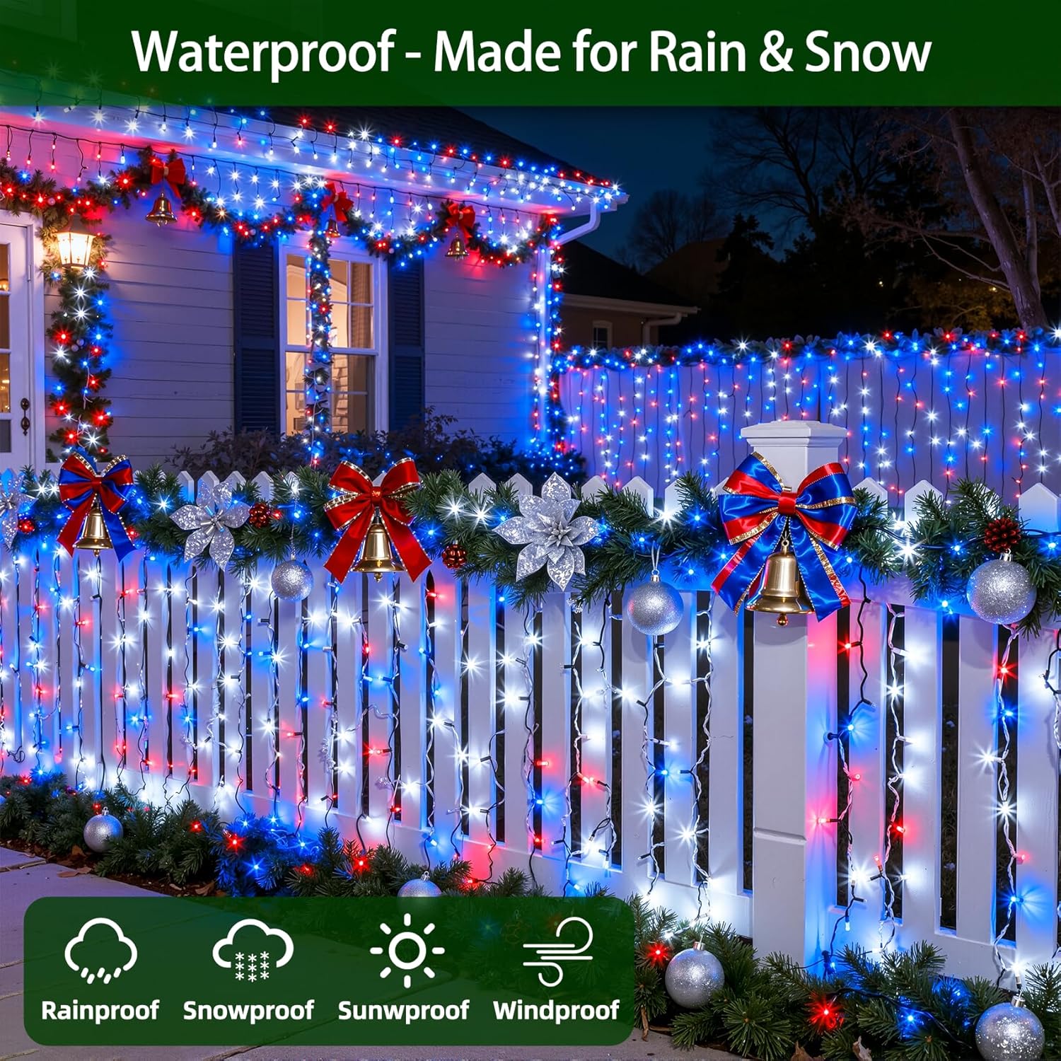 KTX-580755 470FT 1500 LED Outdoor String Lights with 12 Modes, Timer & Dimmable Function, Waterproof Red, Blue & White Lighting for Trees, Garages & Parties