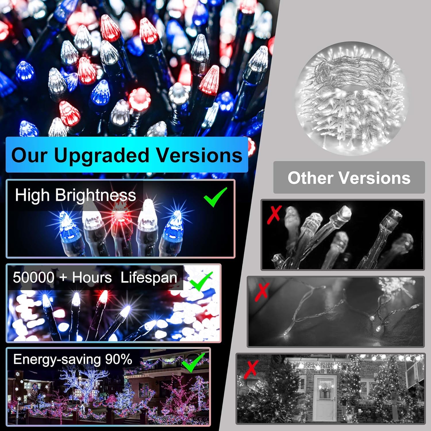 KTX-580755 470FT 1500 LED Outdoor String Lights with 12 Modes, Timer & Dimmable Function, Waterproof Red, Blue & White Lighting for Trees, Garages & Parties