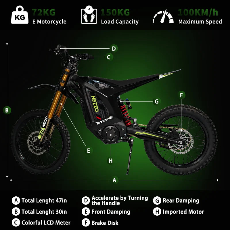 KTX-581651 Powerful 72V 20000W Lithium Mid-drive Electric Dirt Bike with 150KM Range, Hydraulic Disc Brake, Full Suspension, 45Ah Battery