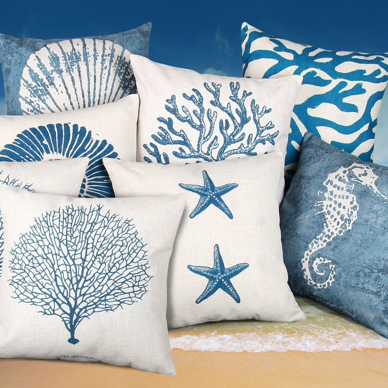 KTX-581715 Blue Mediterranean Ocean Style Cotton Pillowcase with Starfish and Coral Print