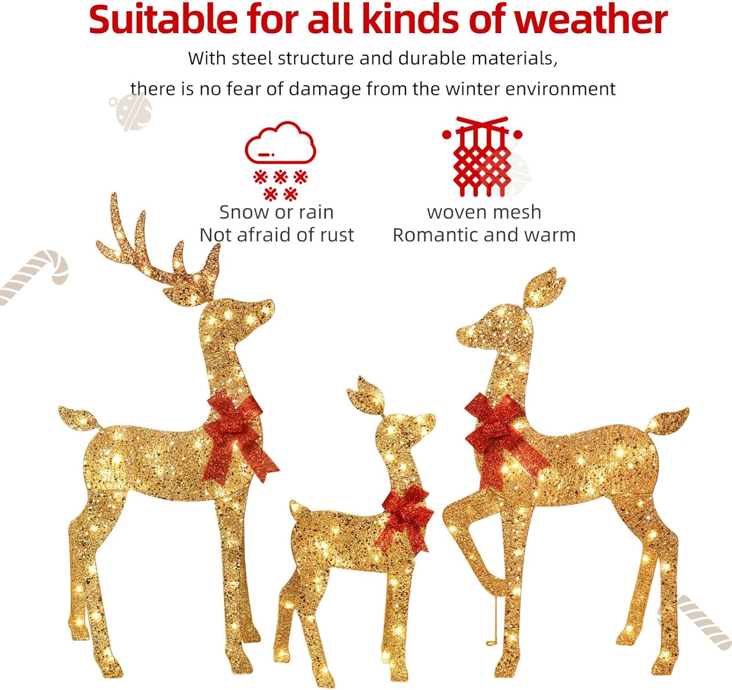 KTX-581907 3-Piece Lighted Outdoor Reindeer Family Set with 145 LED Lights - Elegant Holiday Yard Decoration