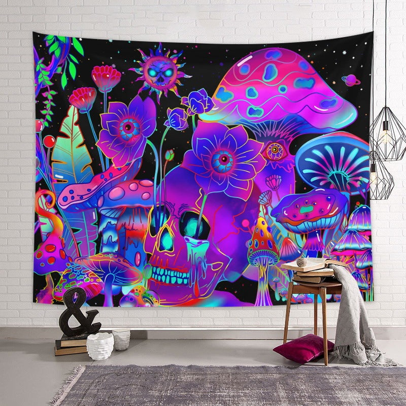 KTX-583699 Fluorescent Skull Geometric Abstract Tapestry - UV Black Light Background Fabric