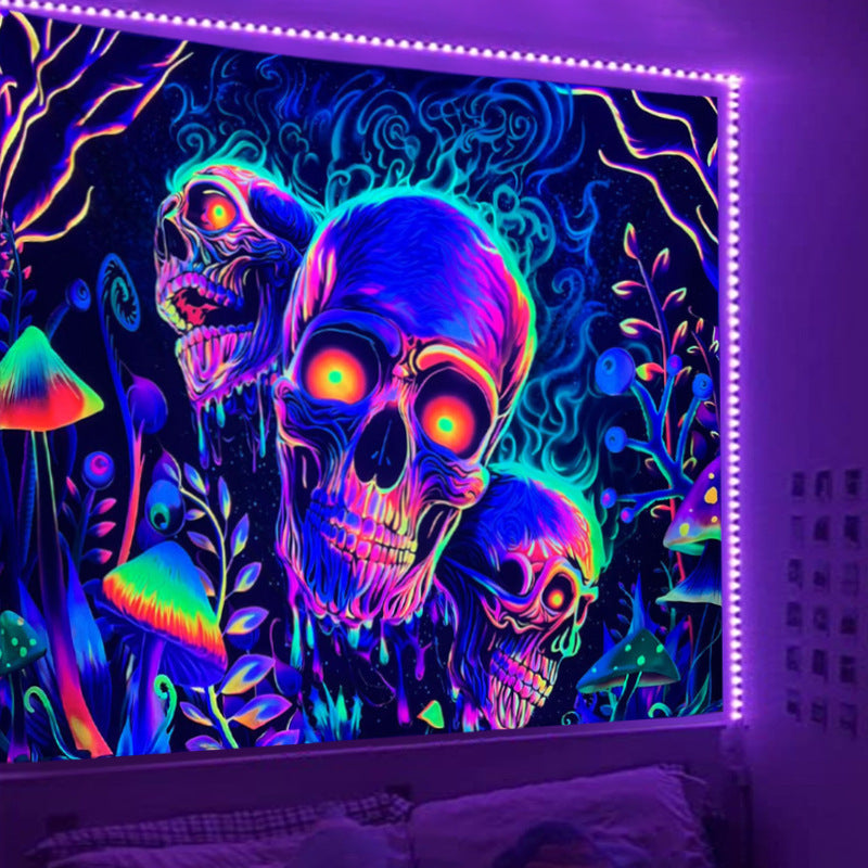 KTX-583699 Fluorescent Skull Geometric Abstract Tapestry - UV Black Light Background Fabric