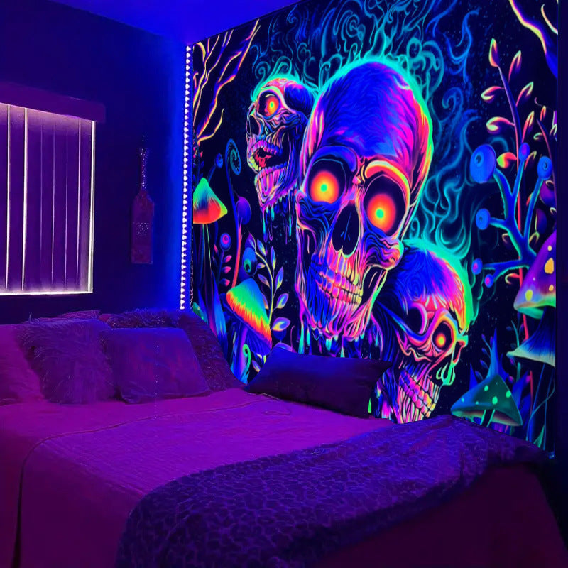 KTX-583699 Fluorescent Skull Geometric Abstract Tapestry - UV Black Light Background Fabric