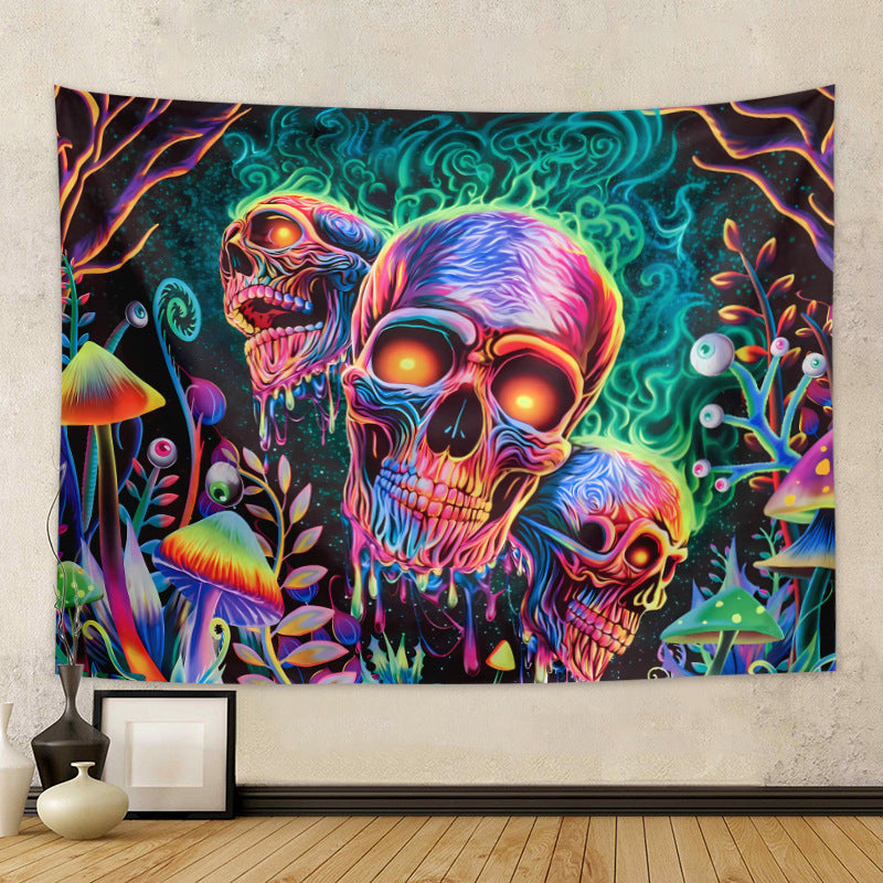 KTX-583699 Fluorescent Skull Geometric Abstract Tapestry - UV Black Light Background Fabric